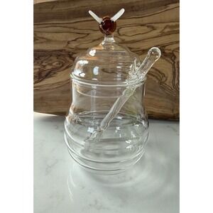 Beehive Glass Honey Jar With Glass Bee TOPPER & HONEY Spoon NEW  World Market